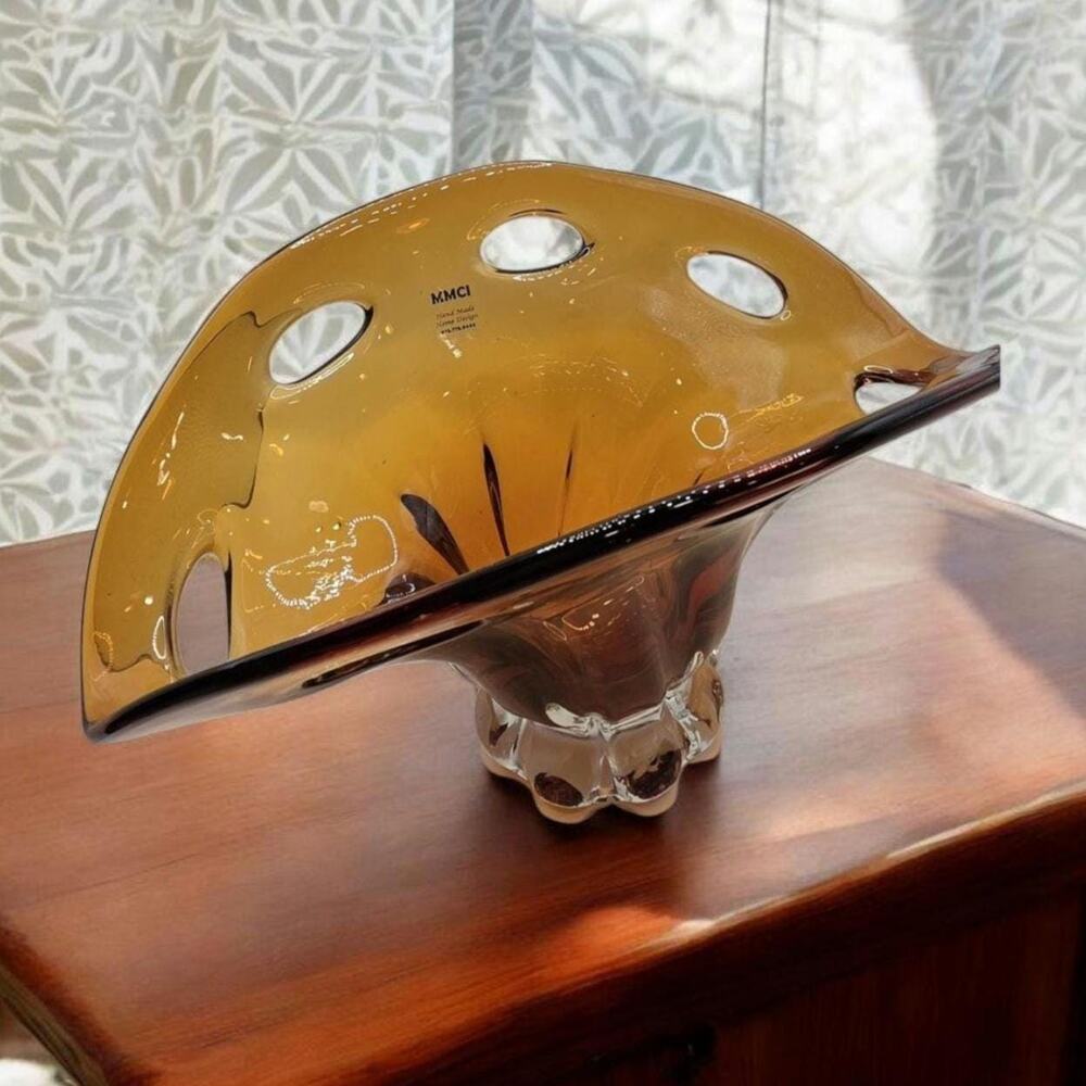 Rare Handmade Blown Art Glass Bronze Brown Open Lace Edge To Clear Base
